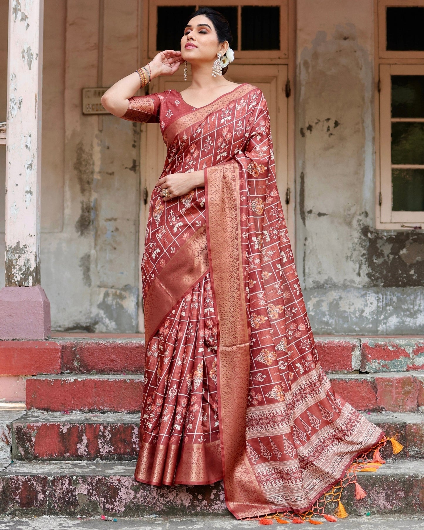 Maroon Floral Printed Cotton Silk Saree