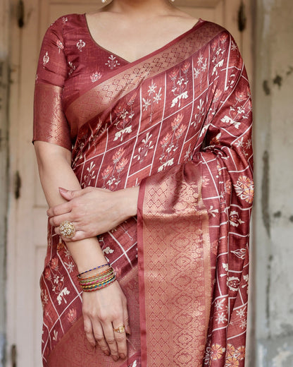 Maroon Floral Printed Cotton Silk Saree