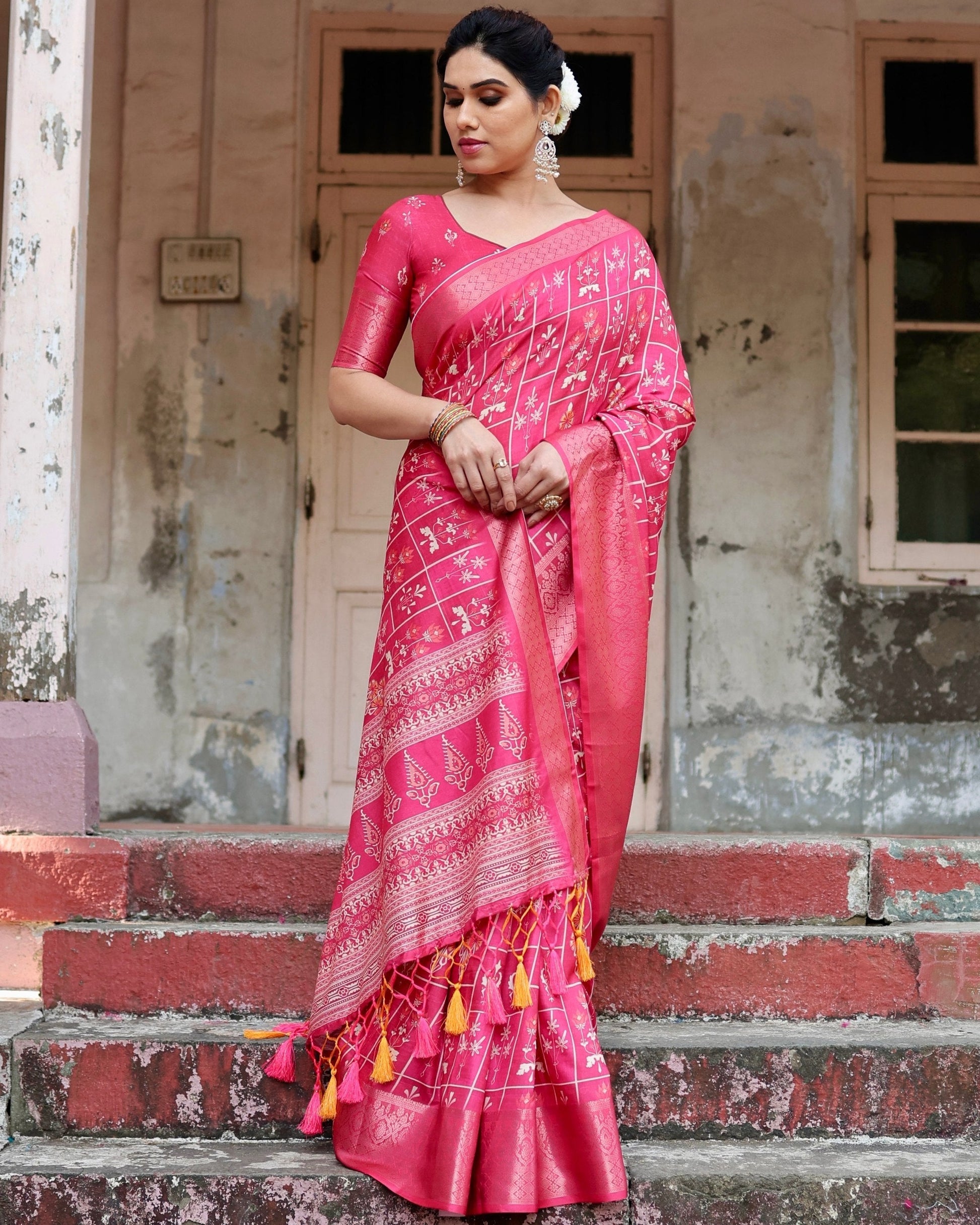 Majesty Pink Printed Cotton Silk Saree
