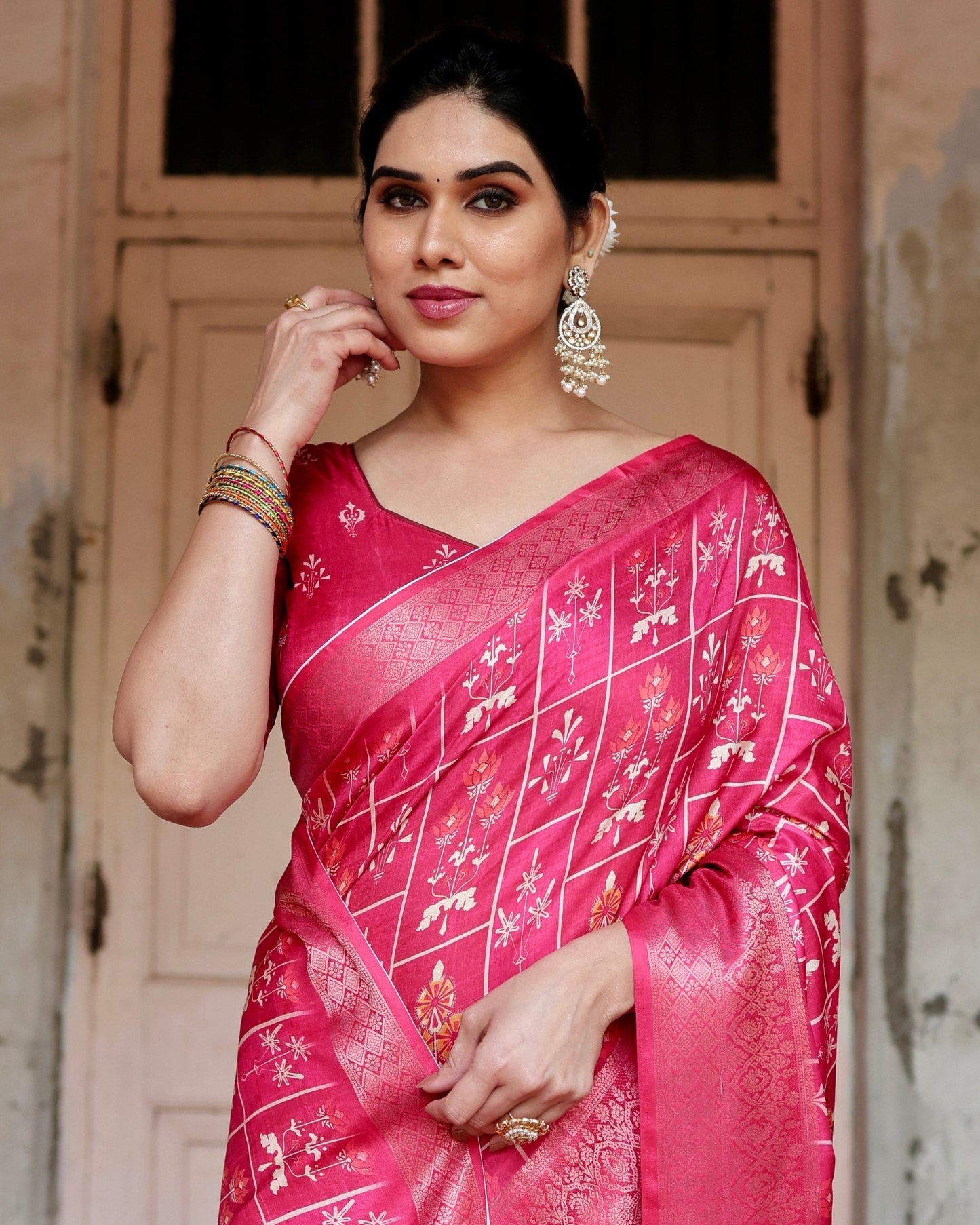 Majesty Pink Printed Cotton Silk Saree