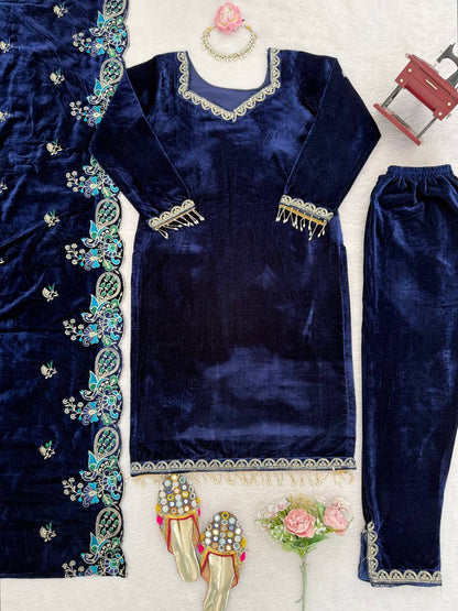 Navy Blue Velvet Kurti Pant Set with Embroidered Dupatta – Festive & Party Wear