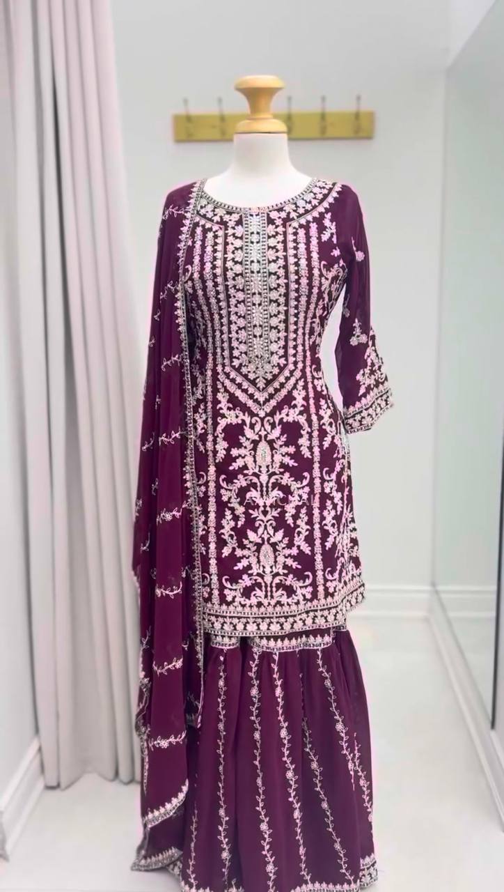 Elegant Embroidered Kurti Sharara Set with Dupatta – Premium Party Wear (Wine & Black Color Options)