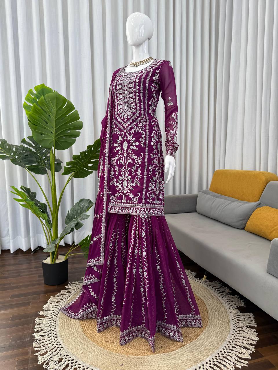 Elegant Embroidered Kurti Sharara Set with Dupatta – Premium Party Wear (Wine & Black Color Options)