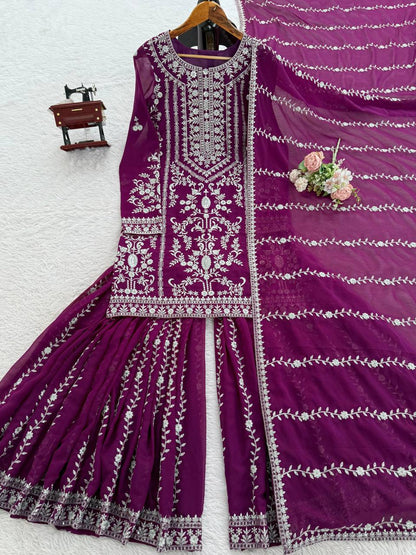 Elegant Embroidered Kurti Sharara Set with Dupatta – Premium Party Wear (Wine & Black Color Options)