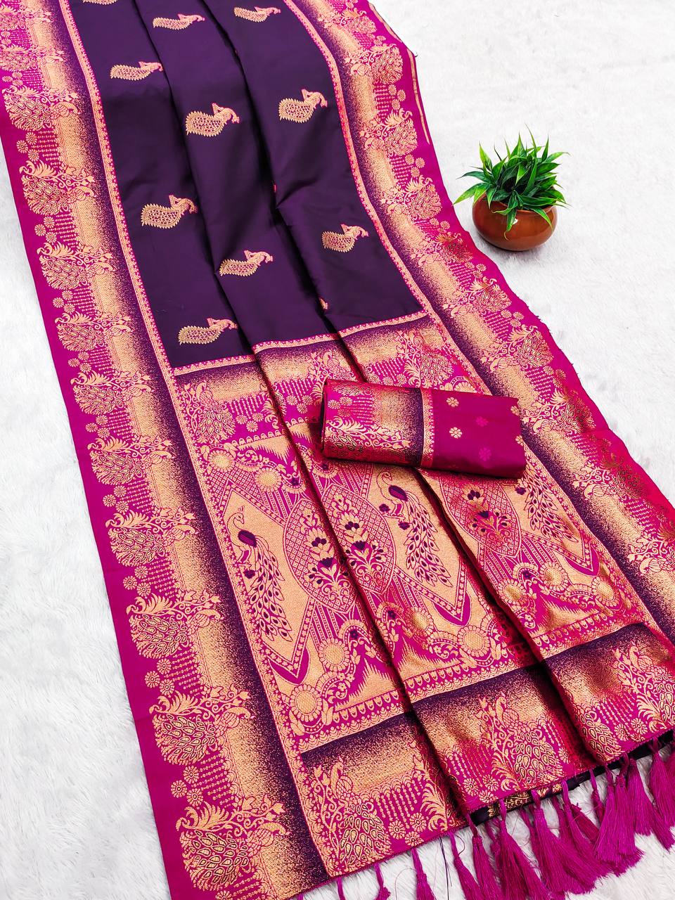 Royal Wine & Magenta Banarasi Silk Saree with Gold Zari Peacock Border