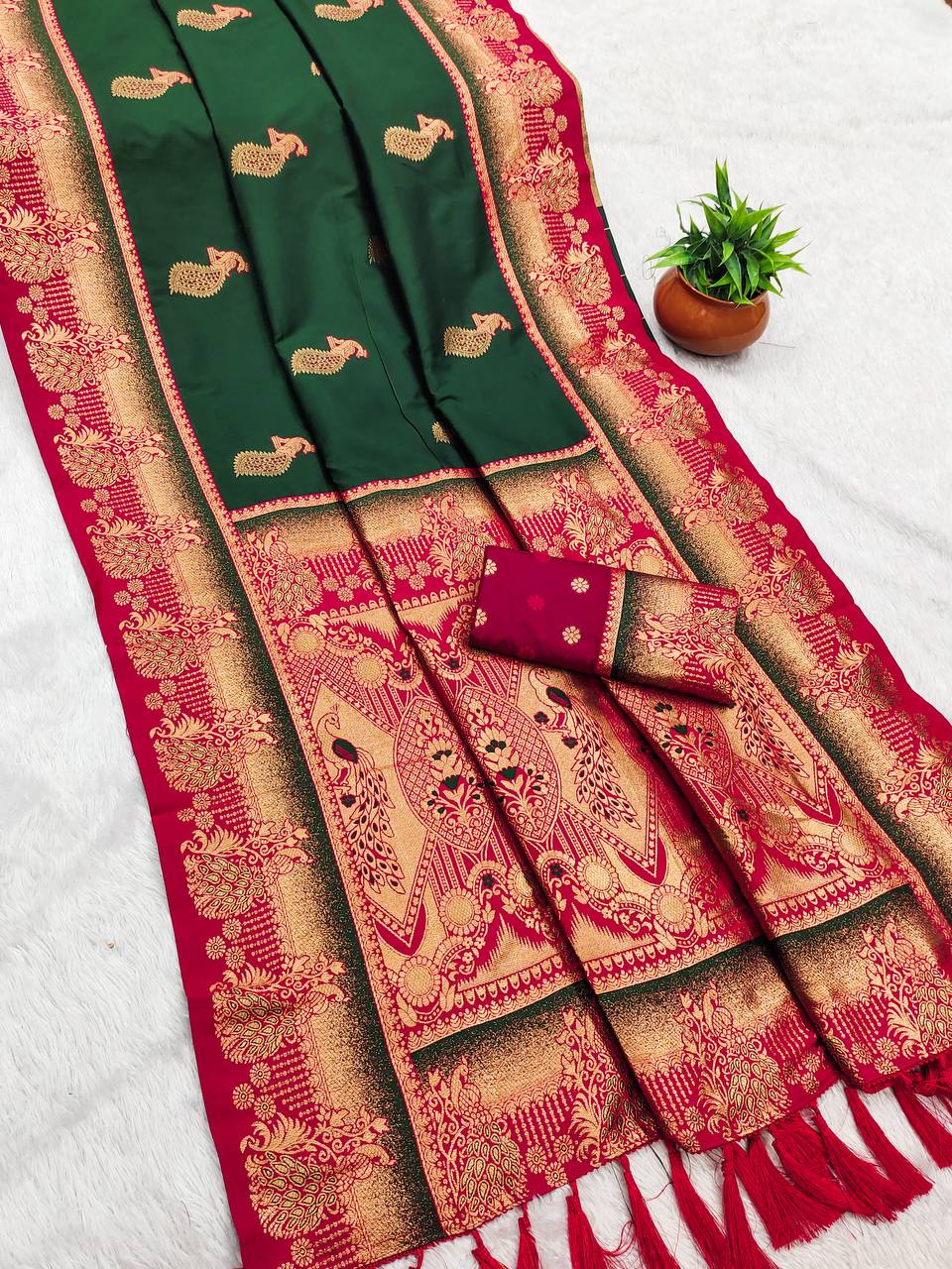 Classic Bottle Green & Crimson Red Banarasi Silk Saree with Rich Gold Zari Work