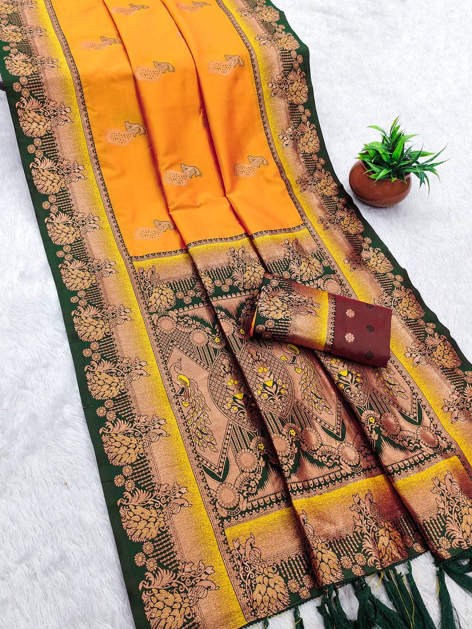 Radiant Mustard Yellow & Bottle Green Banarasi Silk Saree with Traditional Peacock Zari Work
