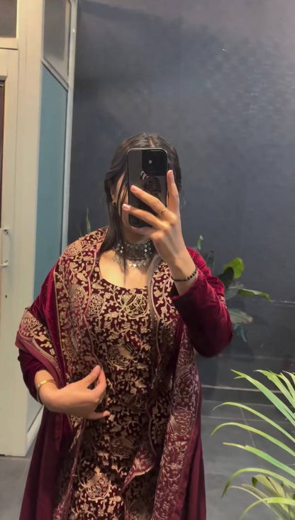 Maroon Velvet Heavy Embroidered Kurta Pant Set with Dupatta – Festive & Party Wear