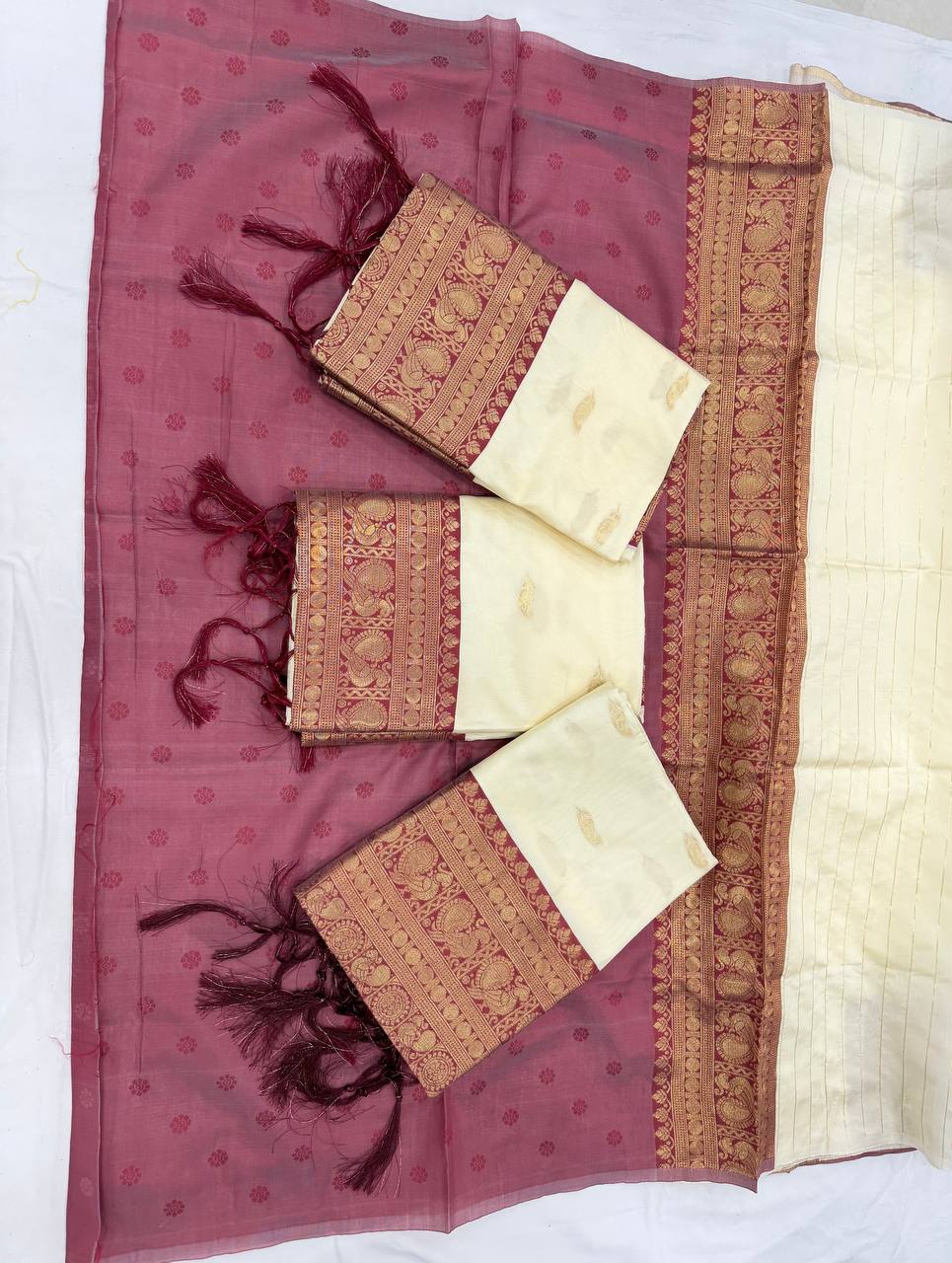 Off-White Kanchipuram Silk Saree with Maroon Border & Zari Work