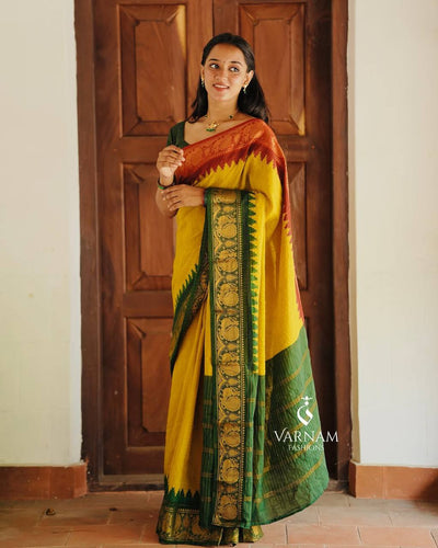 Elegant Mustard Yellow & Forest Green Kanchipuram Silk Saree with Traditional Peacock Zari Border