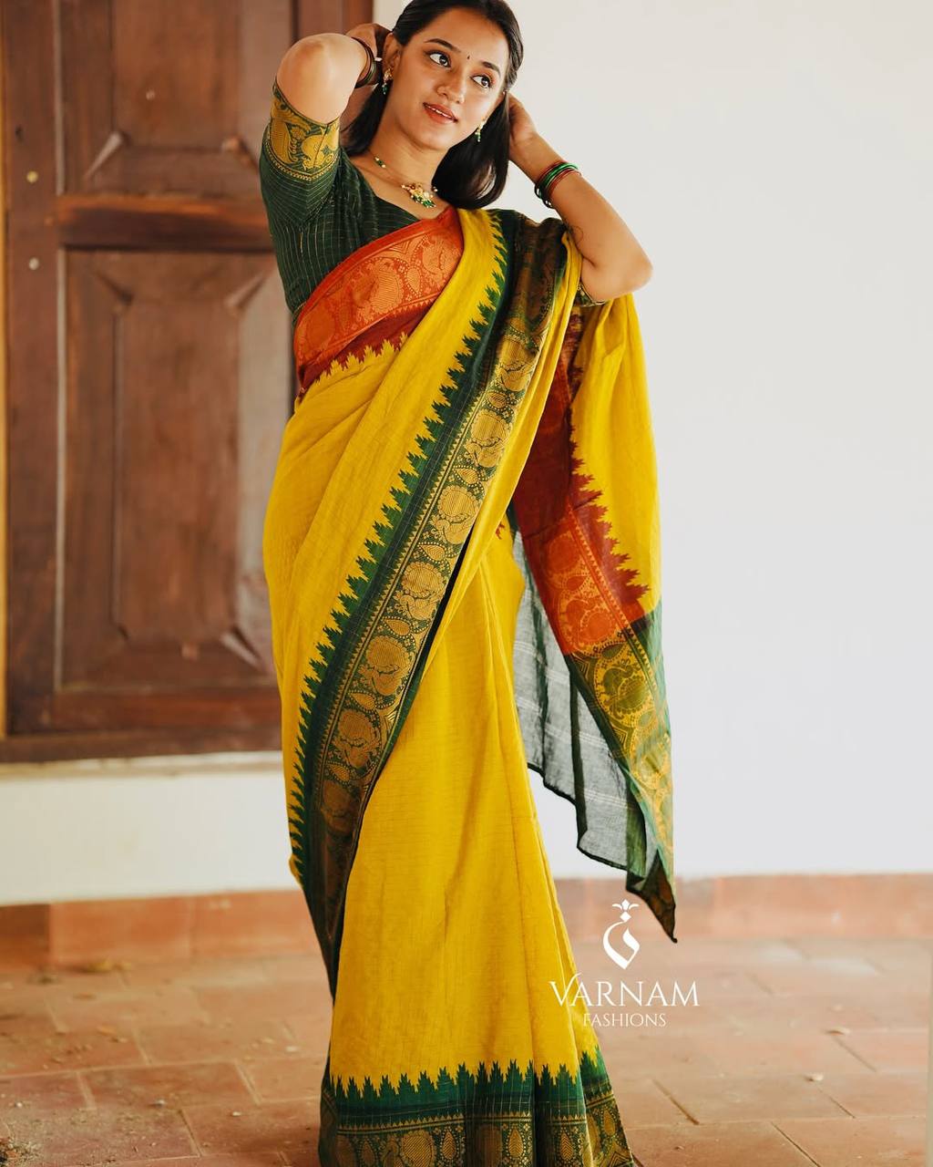 Elegant Mustard Yellow & Forest Green Kanchipuram Silk Saree with Traditional Peacock Zari Border
