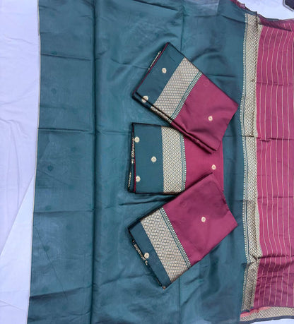 Deep Wine Chanderi Saree with Emerald Green Halter Neck Blouse