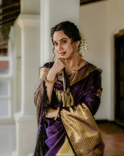 Deep Purple Banarasi Silk Saree with Antique Gold Zari & Intricate Border