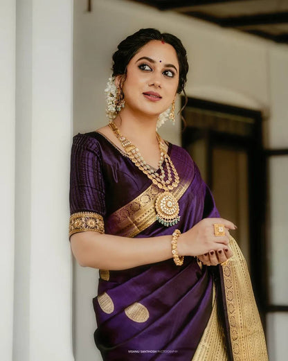 Deep Purple Banarasi Silk Saree with Antique Gold Zari & Intricate Border