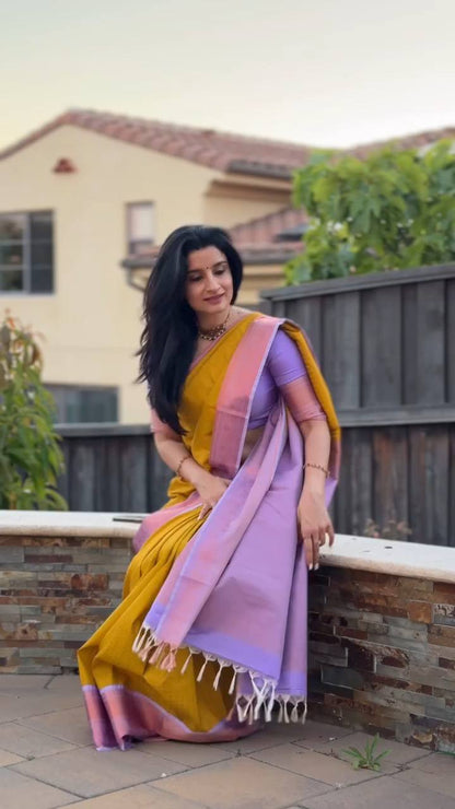 Mustard Yellow & Lavender Contrast Silk Saree with Elegant Zari Border