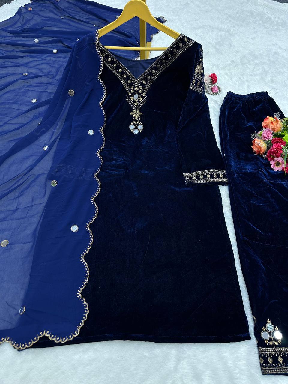 Navy Blue Velvet Embellished Kurti Pant Set with Dupatta