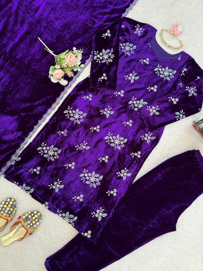 Royal Purple Velvet Embroidered Kurti Pant Set with Dupatta