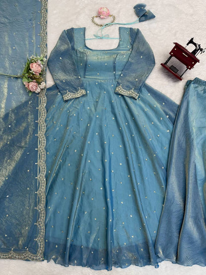 Girls Sky Blue Sequin Anarkali Suit Set with Palazzo & Dupatta – Festive Wear