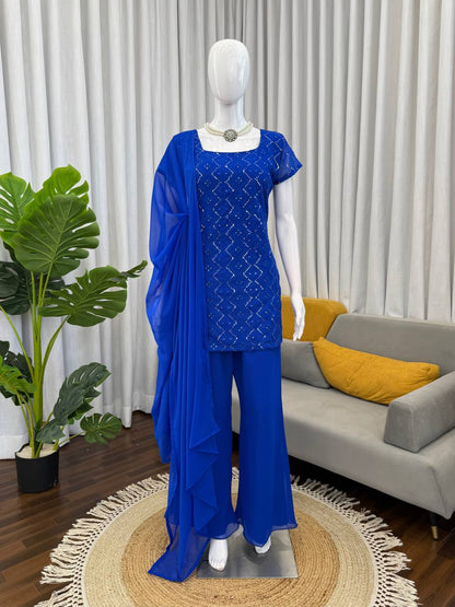 Embroidered Straight Kurti Palazzo Set with Dupatta (3 Colors)