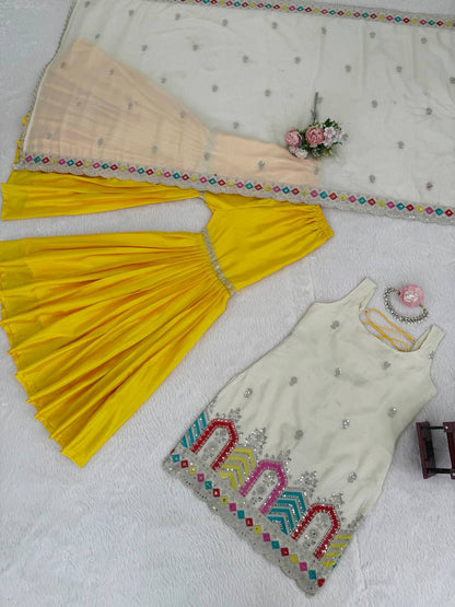 Ivory Embellished Kurti Sharara Set with Yellow Sharara & Dupatta