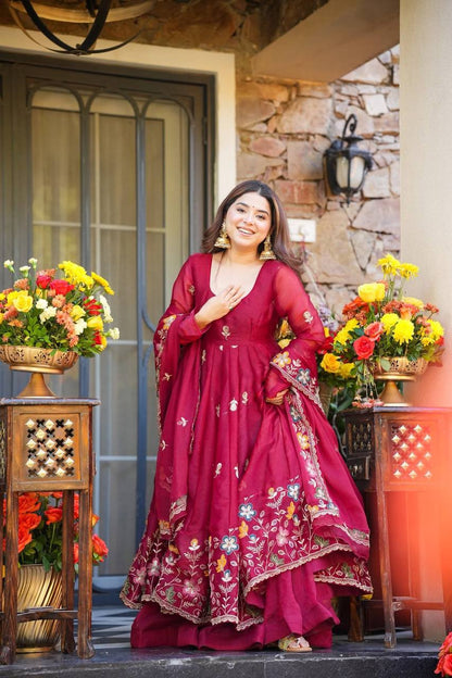 Fuchsia Pink Floral Embroidered Anarkali Suit with Dupatta