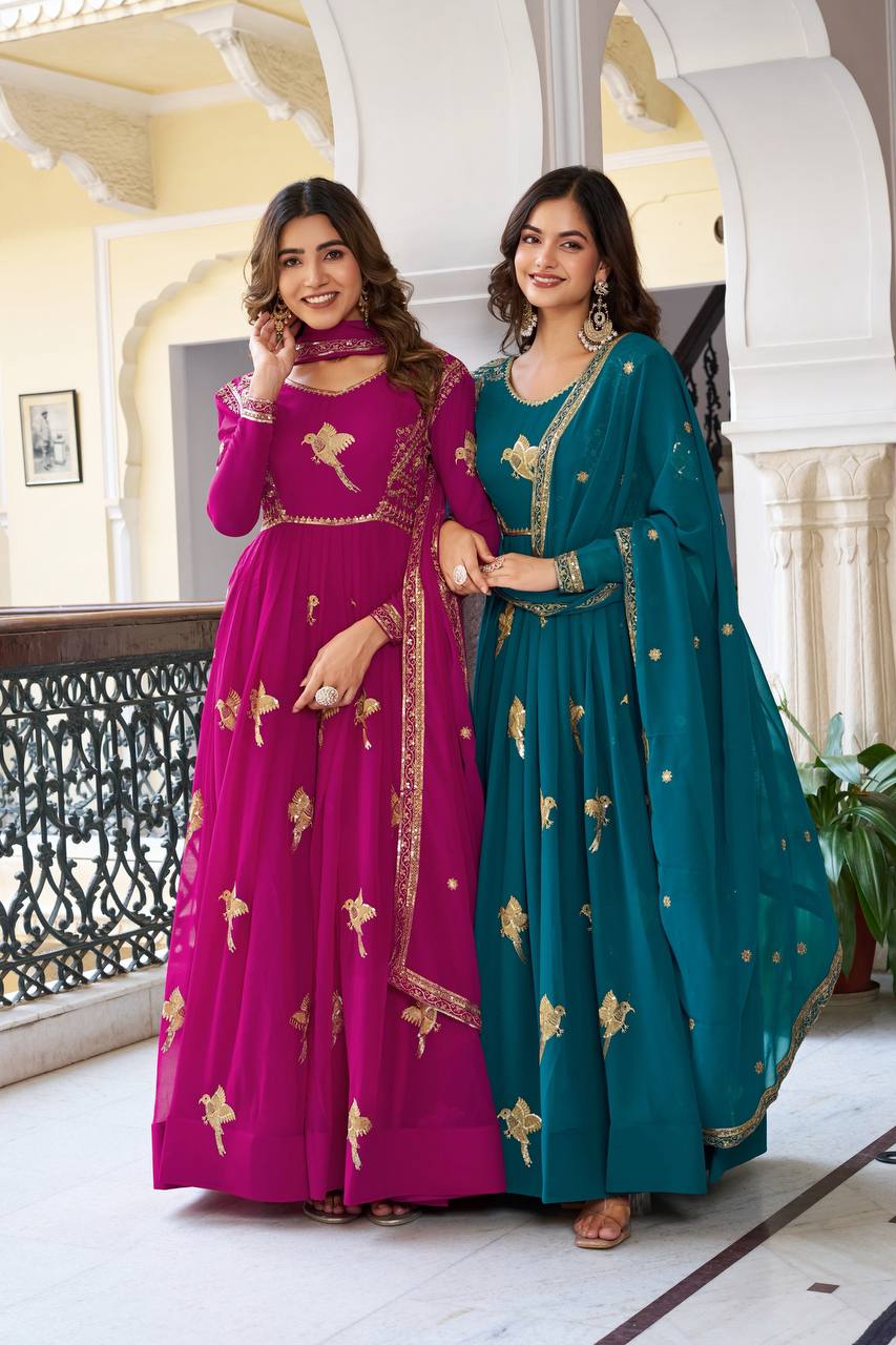Elegant Embroidered Bird Motif Anarkali Suit Set with Dupatta (2 Color Options)