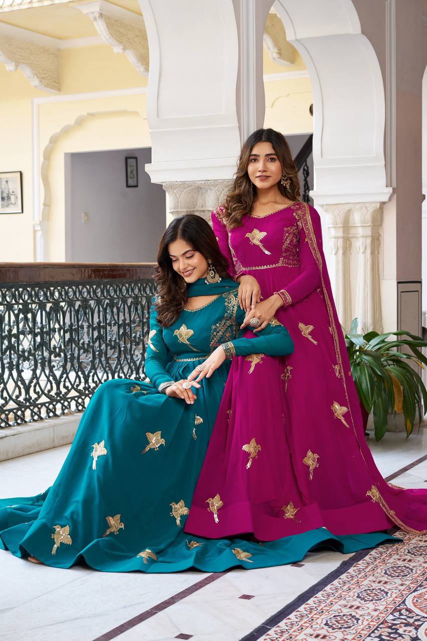 Elegant Embroidered Bird Motif Anarkali Suit Set with Dupatta (2 Color Options)