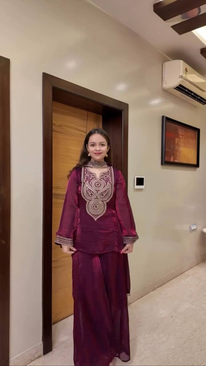 Wine Purple Embroidered Kurta Pant Dupatta Set – Festive Wear