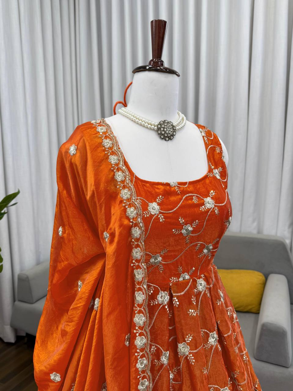 Rust Orange Embroidered Anarkali Kurti Set with Pants & Dupatta