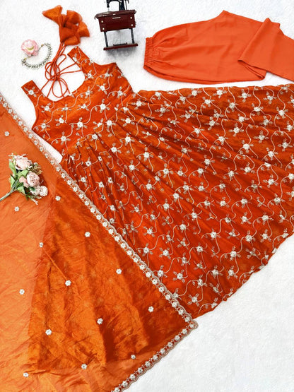 Rust Orange Embroidered Anarkali Kurti Set with Pants & Dupatta