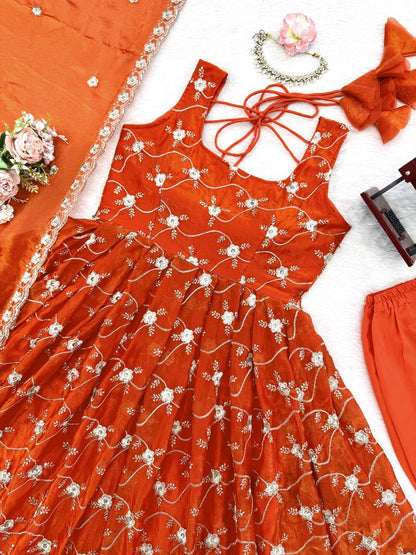 Rust Orange Embroidered Anarkali Kurti Set with Pants & Dupatta