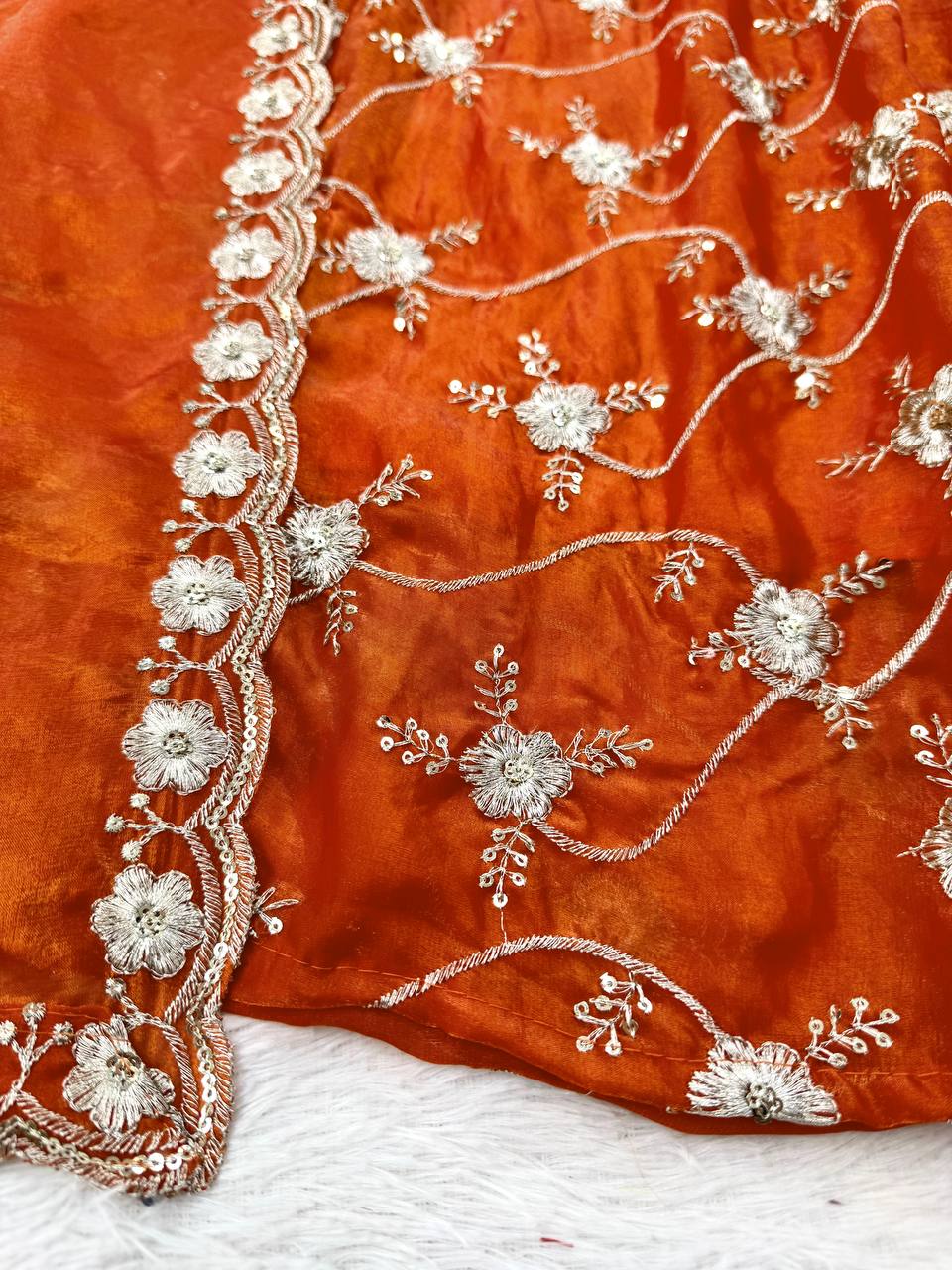 Rust Orange Embroidered Anarkali Kurti Set with Pants & Dupatta