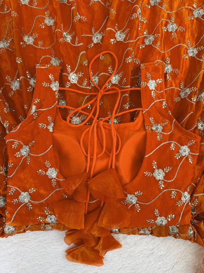 Rust Orange Embroidered Anarkali Kurti Set with Pants & Dupatta