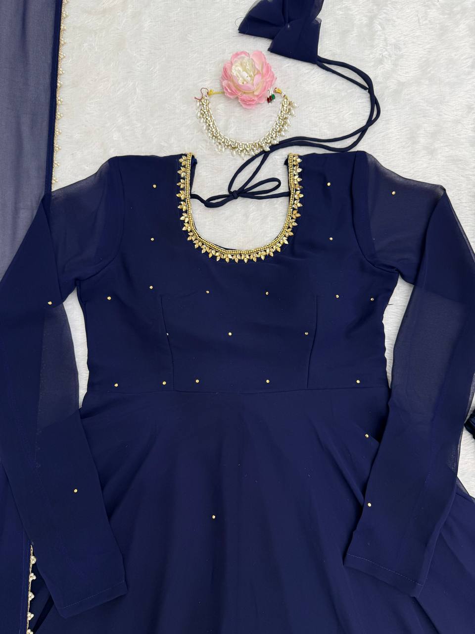Navy Blue Embellished Anarkali Kurti Set with Pants & Dupatta