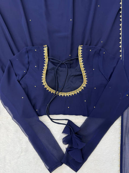 Navy Blue Embellished Anarkali Kurti Set with Pants & Dupatta