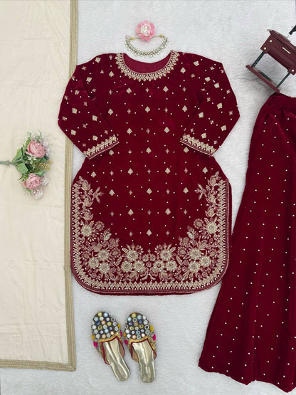 6 Color Velvet Embroidered Kurti Palazzo Set with Dupatta