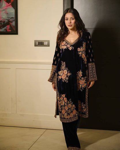 Navy Blue Velvet Embroidered Kurti Pant Set with Dupatta