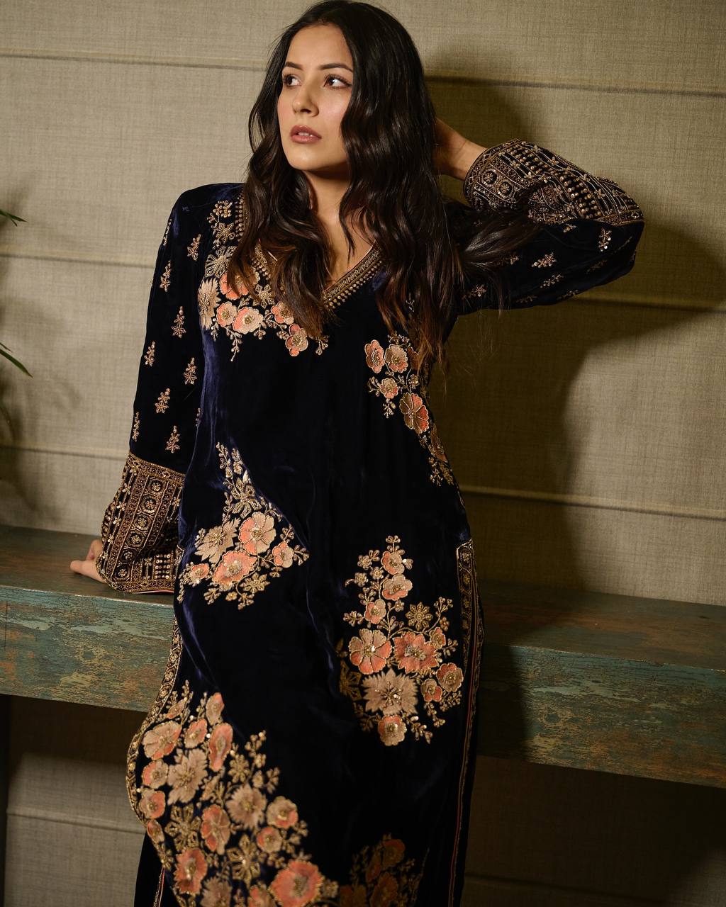 Navy Blue Velvet Embroidered Kurti Pant Set with Dupatta