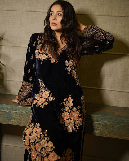 Navy Blue Velvet Embroidered Kurti Pant Set with Dupatta