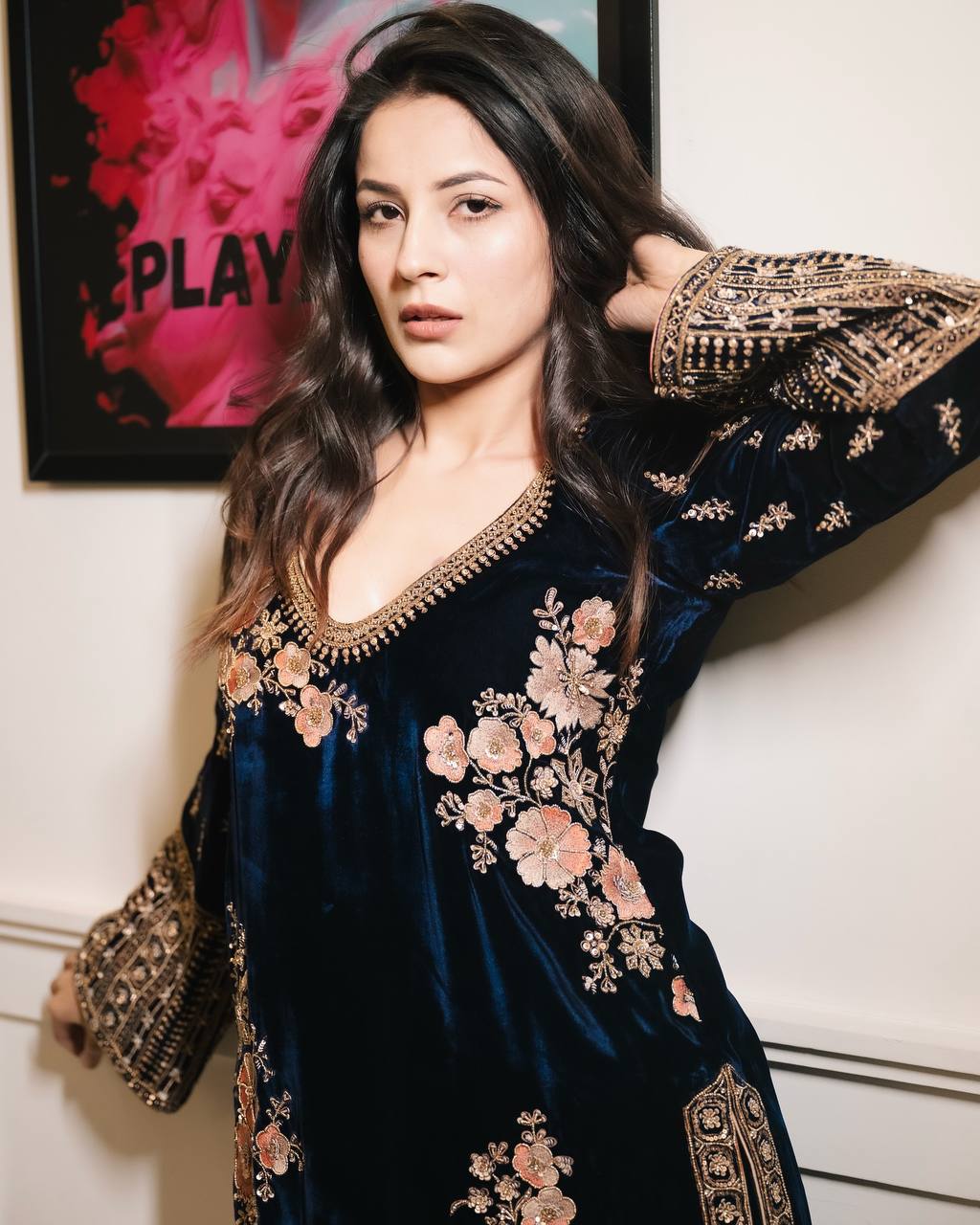 Navy Blue Velvet Embroidered Kurti Pant Set with Dupatta