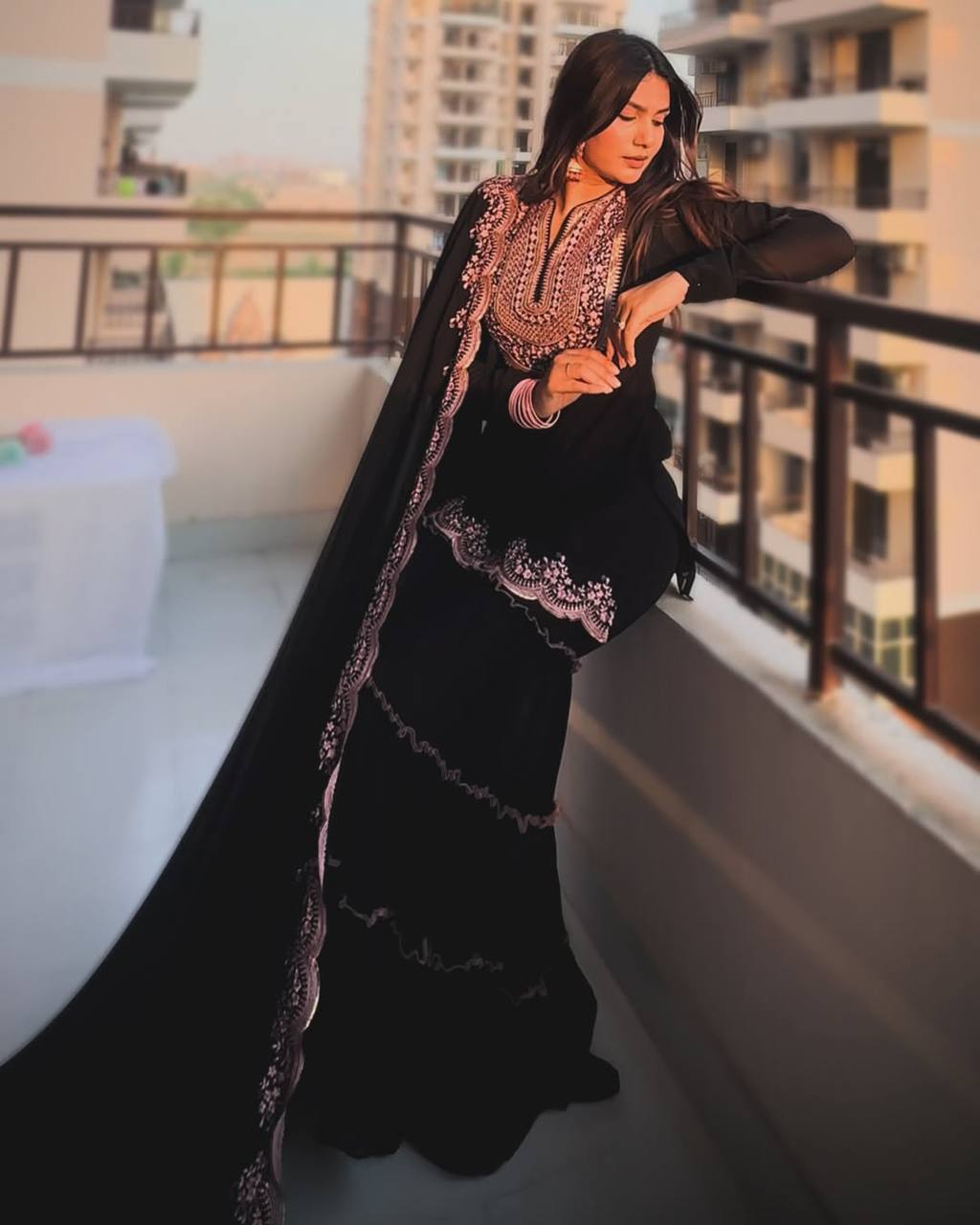 Black Embroidered Kurti Sharara Set with Dupatta