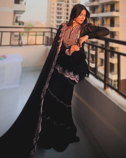 Black Embroidered Kurti Sharara Set with Dupatta