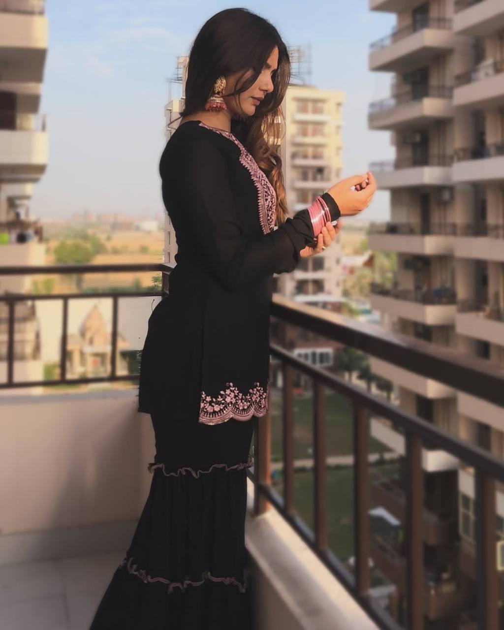 Black Embroidered Kurti Sharara Set with Dupatta