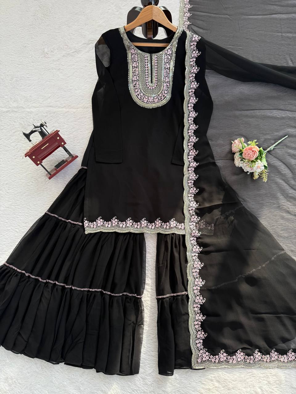 Black Embroidered Kurti Sharara Set with Dupatta
