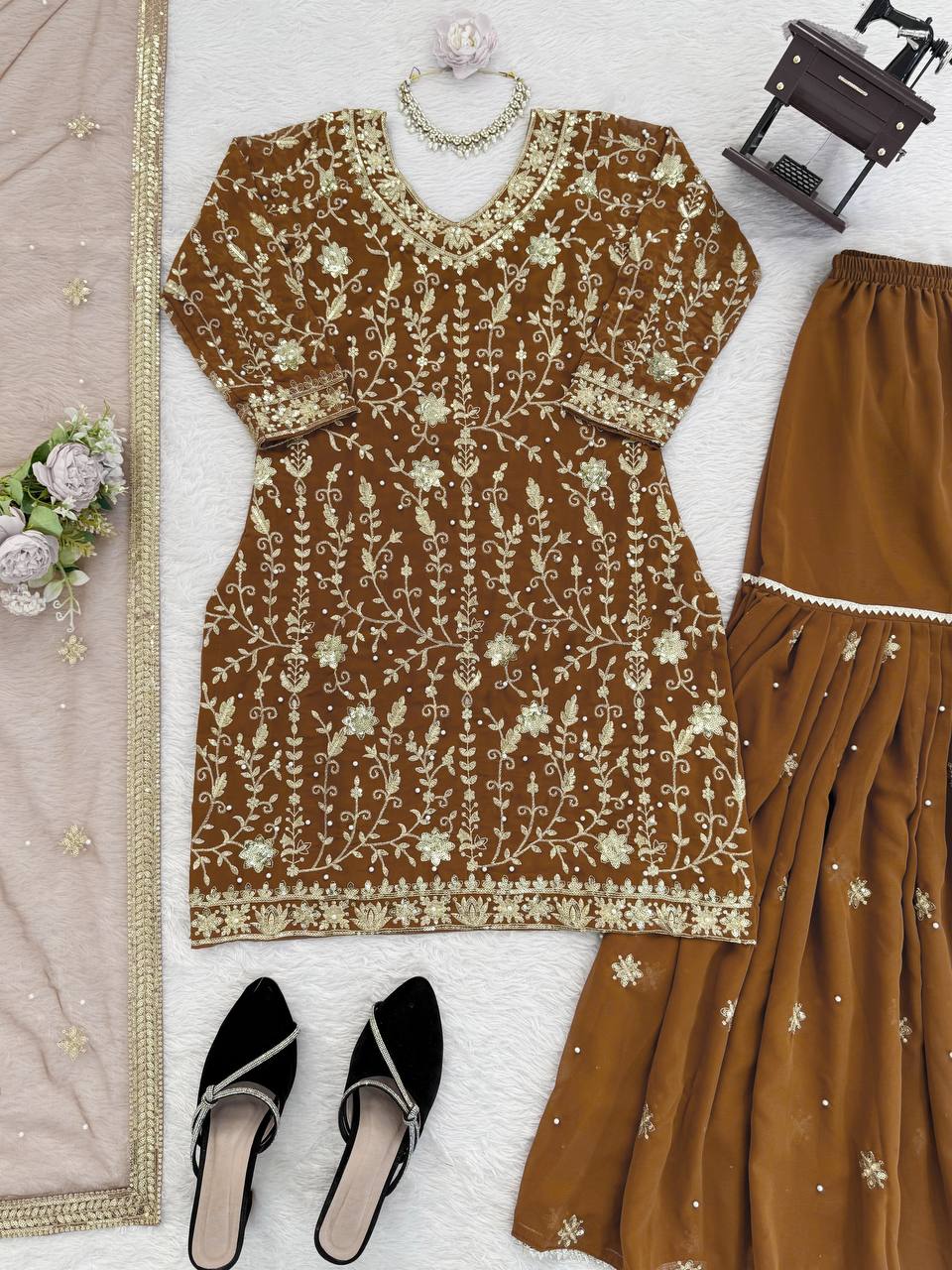 Golden Brown Embroidered Sharara Suit Set with Dupatta
