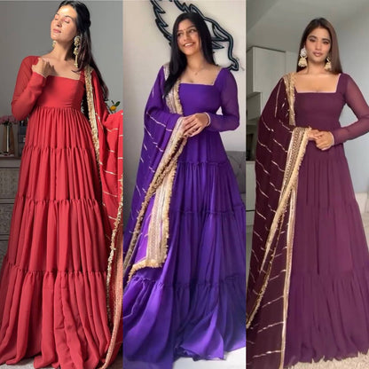 Solid Flared Anarkali Gown with Embellished Dupatta (Multiple Colors)