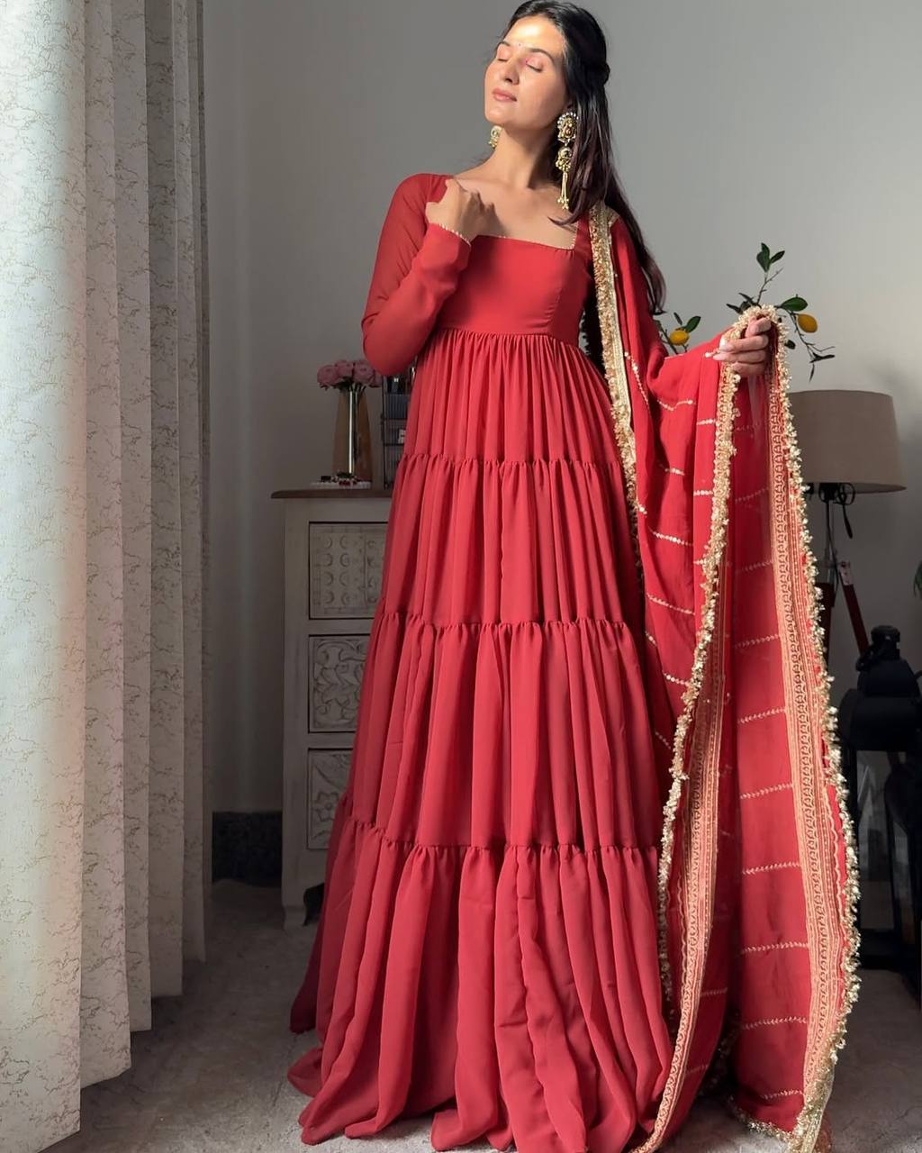 Solid Flared Anarkali Gown with Embellished Dupatta (Multiple Colors)