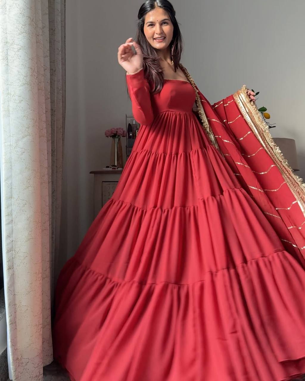 Solid Flared Anarkali Gown with Embellished Dupatta (Multiple Colors)