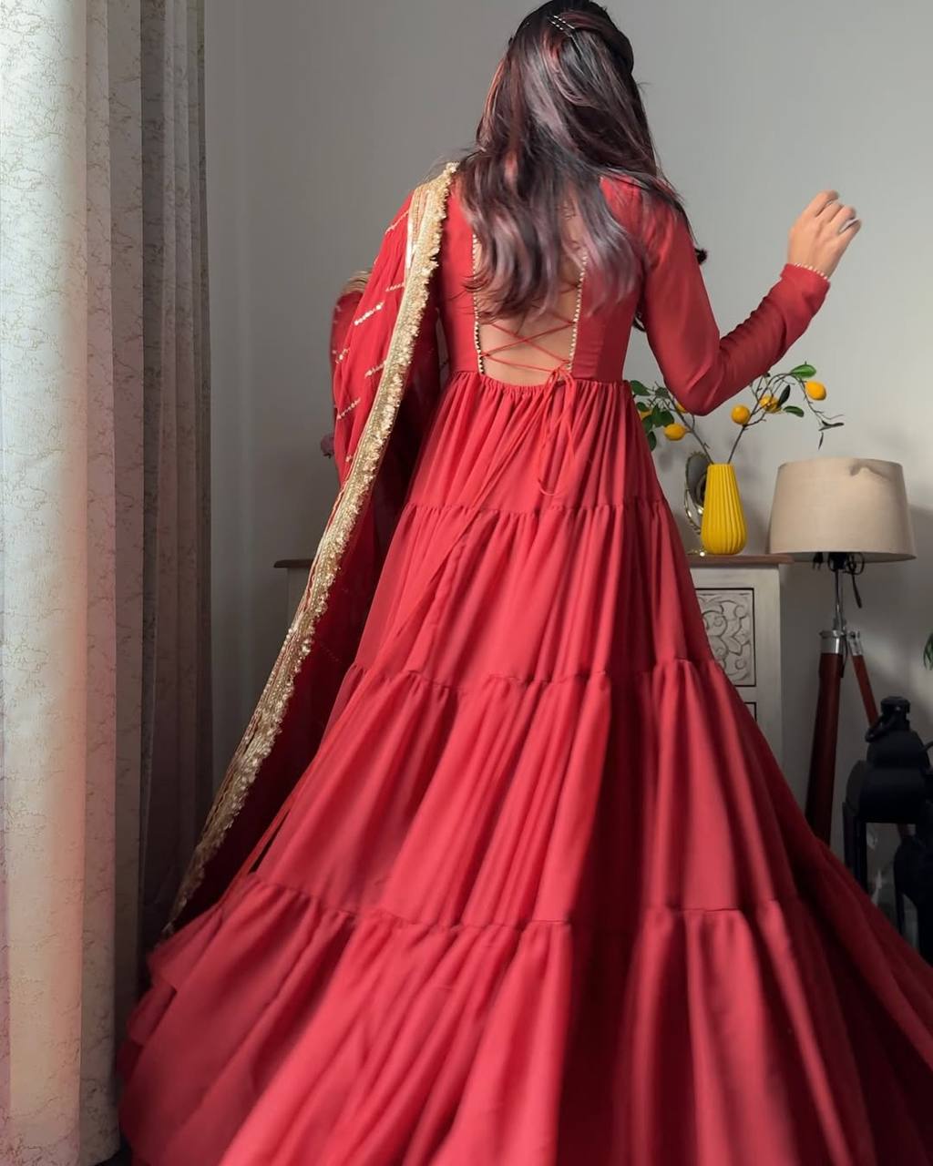 Solid Flared Anarkali Gown with Embellished Dupatta (Multiple Colors)