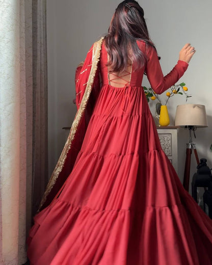 Solid Flared Anarkali Gown with Embellished Dupatta (Multiple Colors)